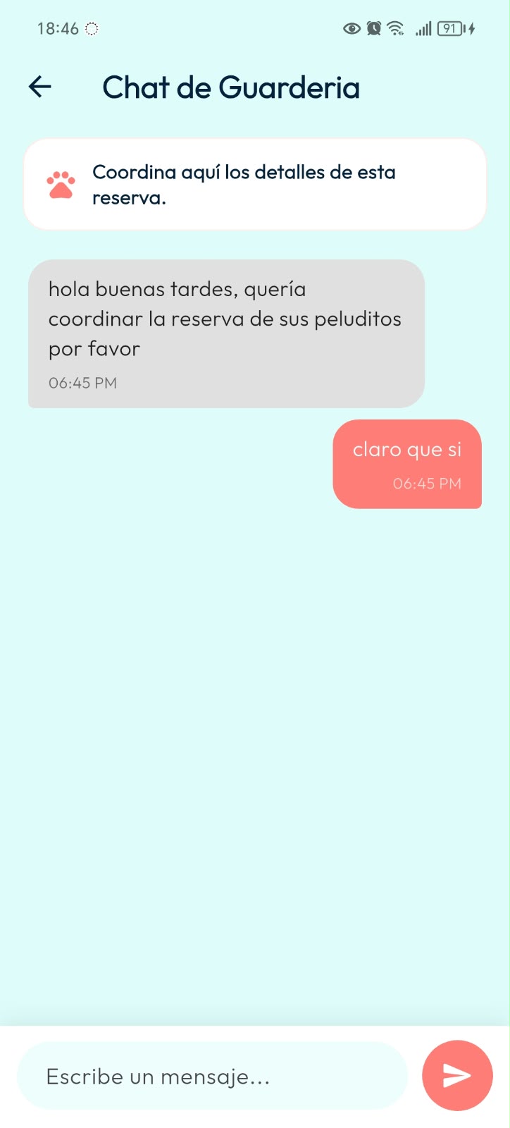 Vista del Dueño en el mismo chat de Guardería de DoGGyPetPal, con mensajes para coordinar los detalles de la reserva.