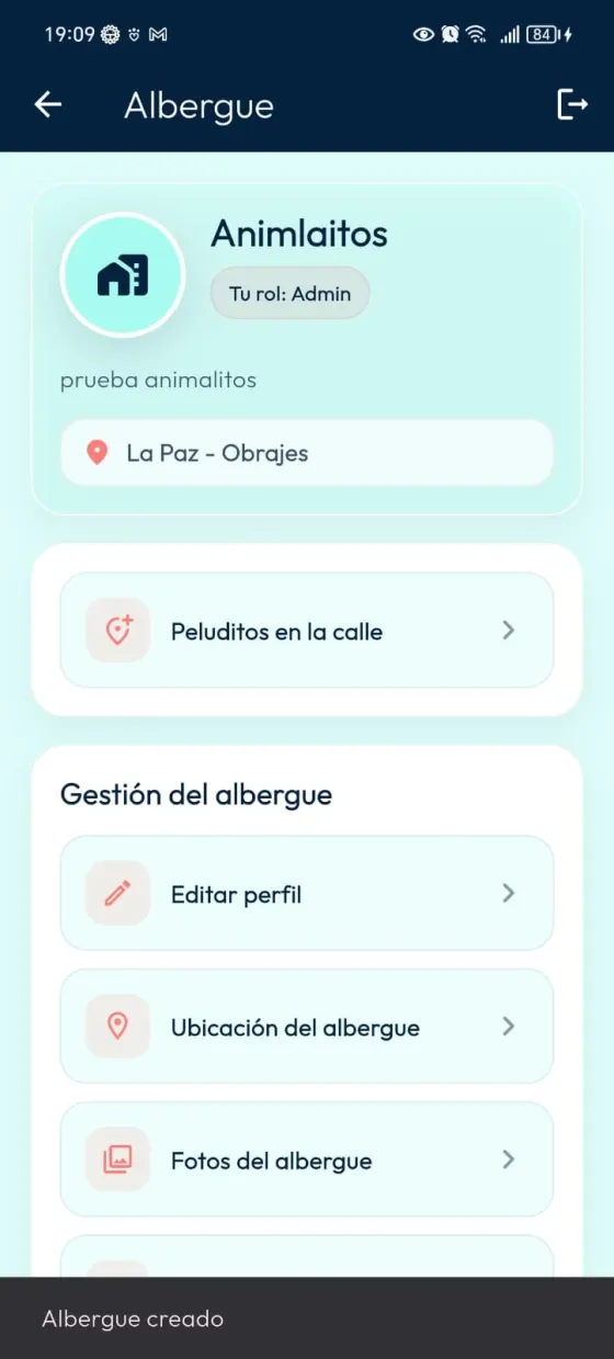 Albergue abierto con rol de administrador y mensaje inferior Albergue creado.