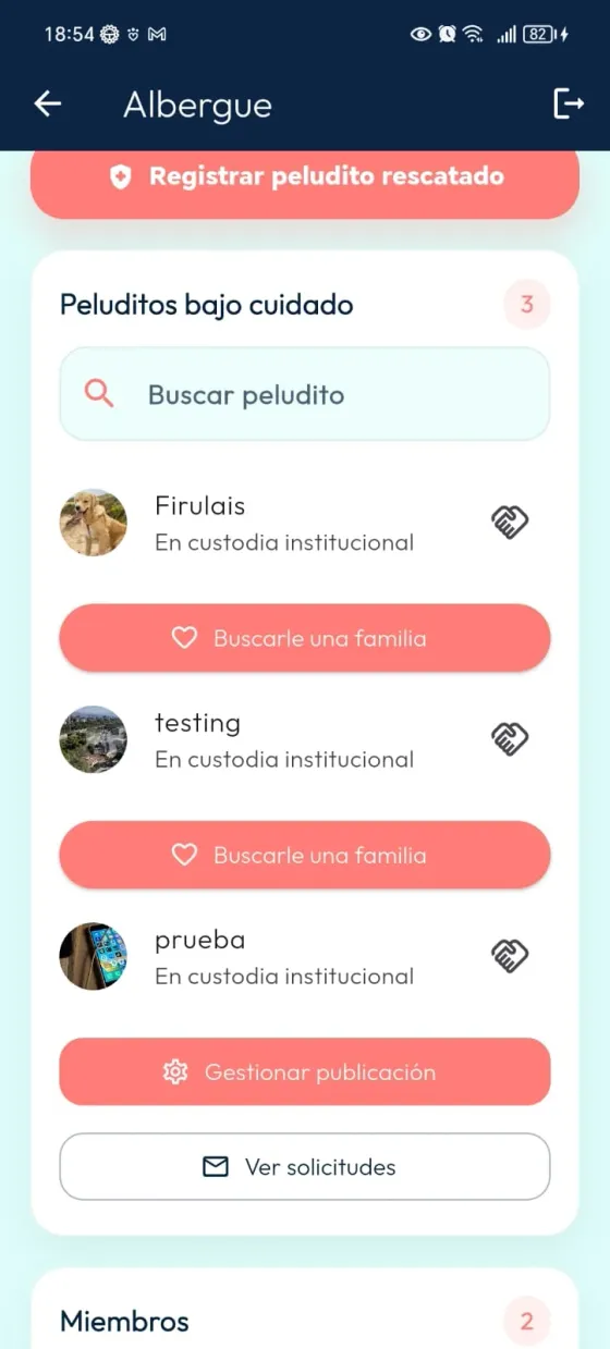 Peludito en custodia institucional con icono de entrega junto a su registro.