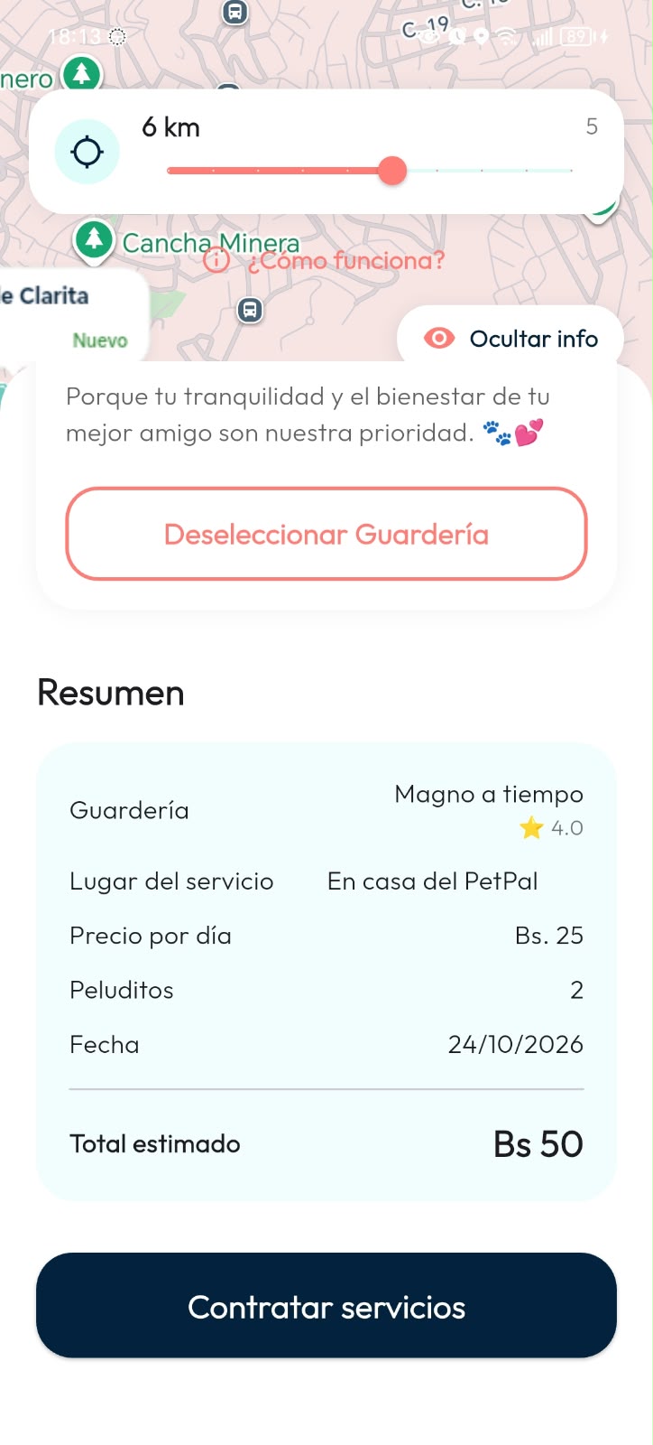 Resumen de selección de guardería en DoGGyPetPal con lugar del servicio, precio por día, cantidad de peluditos, fecha y total estimado.