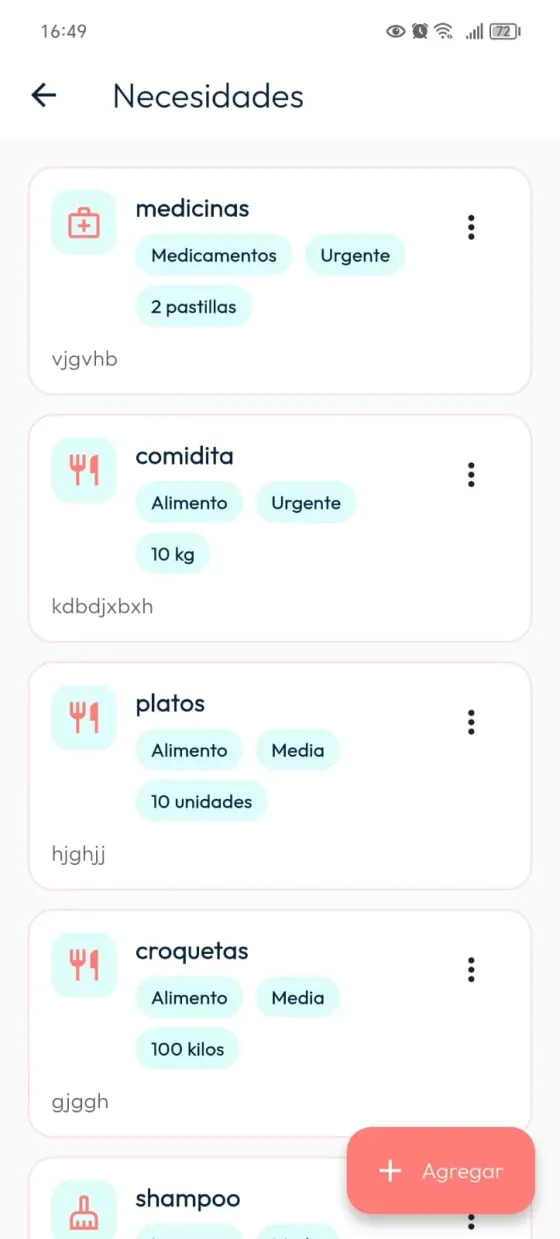 Listado de necesidades con categoría, prioridad, cantidad, menús y botón Agregar.