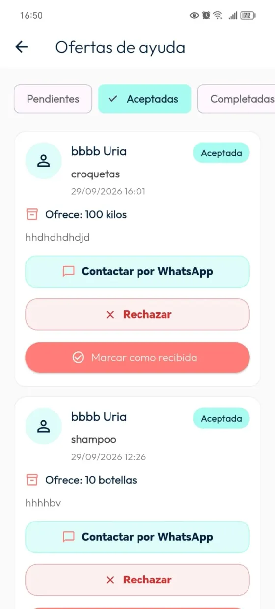 Pestaña Aceptadas con estado Aceptada y acciones Contactar por WhatsApp, Rechazar y Marcar como recibida.