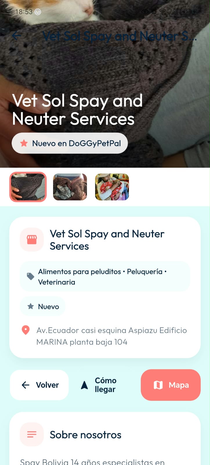 Perfil de un negocio en DoGGyPetPal con fotografías, servicios, dirección, descripción y opciones para localizarlo en el mapa.