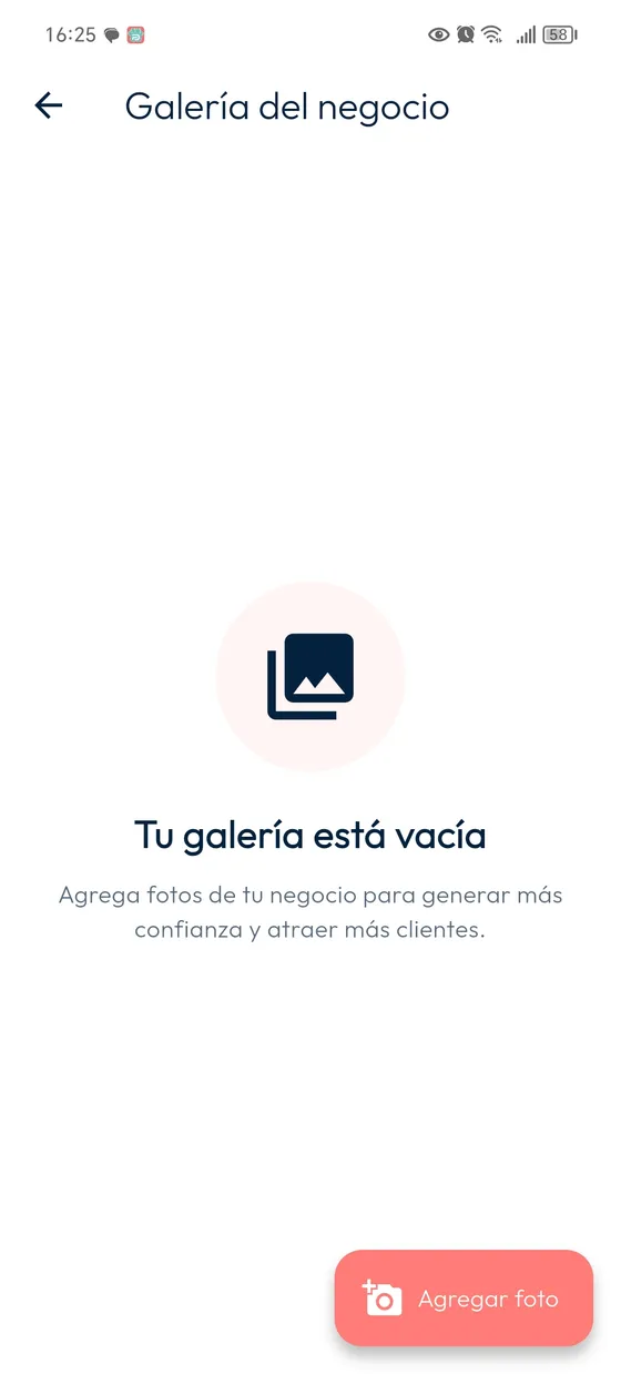 Galería del negocio vacía con el botón Agregar foto.