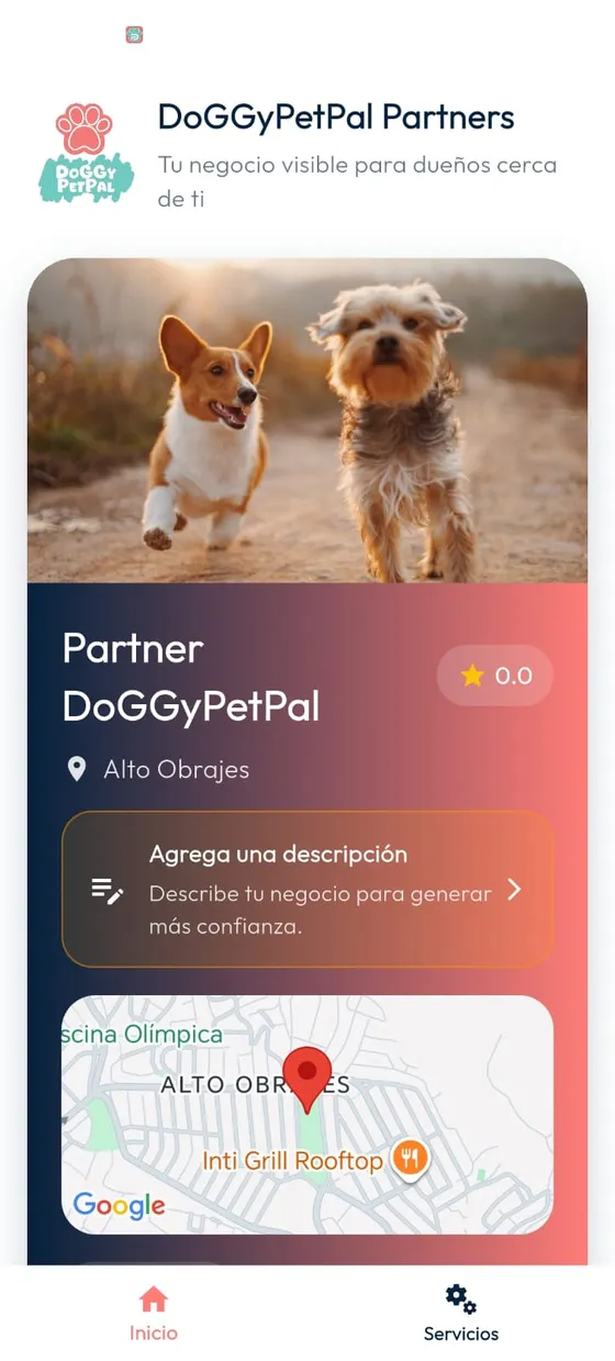 Home real de DoGGyPetPal Partners con perfil del negocio, acceso al mapa y pestaña Servicios.