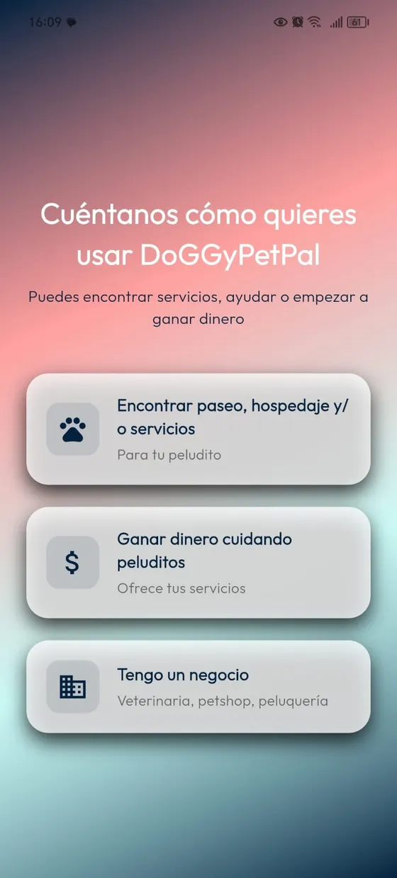 Registro real: selector de uso de DoGGyPetPal con la opción Tengo un negocio.