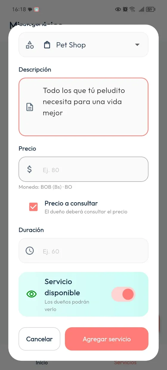 Formulario real de servicio con categoría Pet Shop, descripción, Precio a consultar y Servicio disponible.