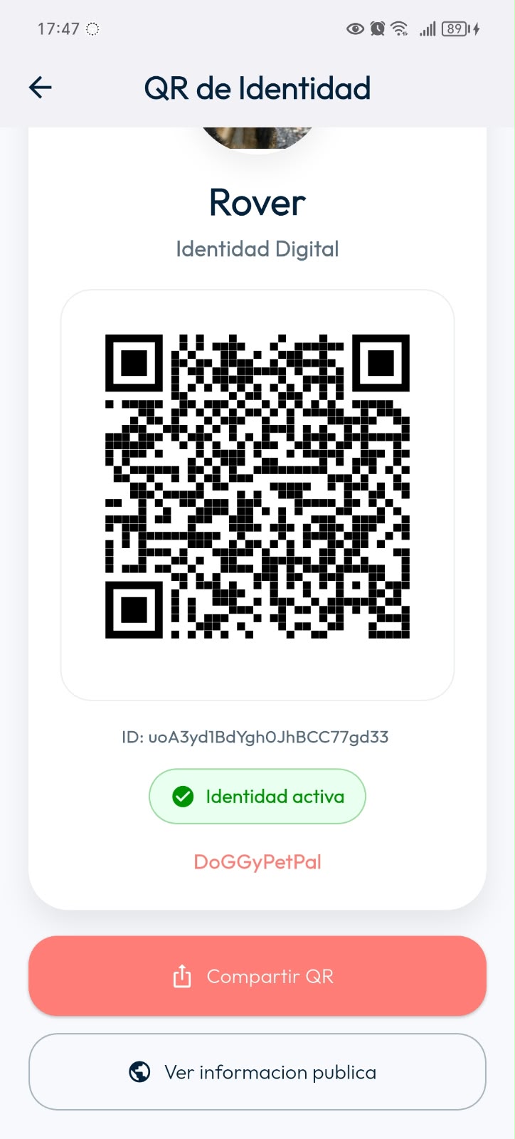 QR de Identidad de Rover con código QR completo, ID público, estado Identidad activa y acceso a su información pública.