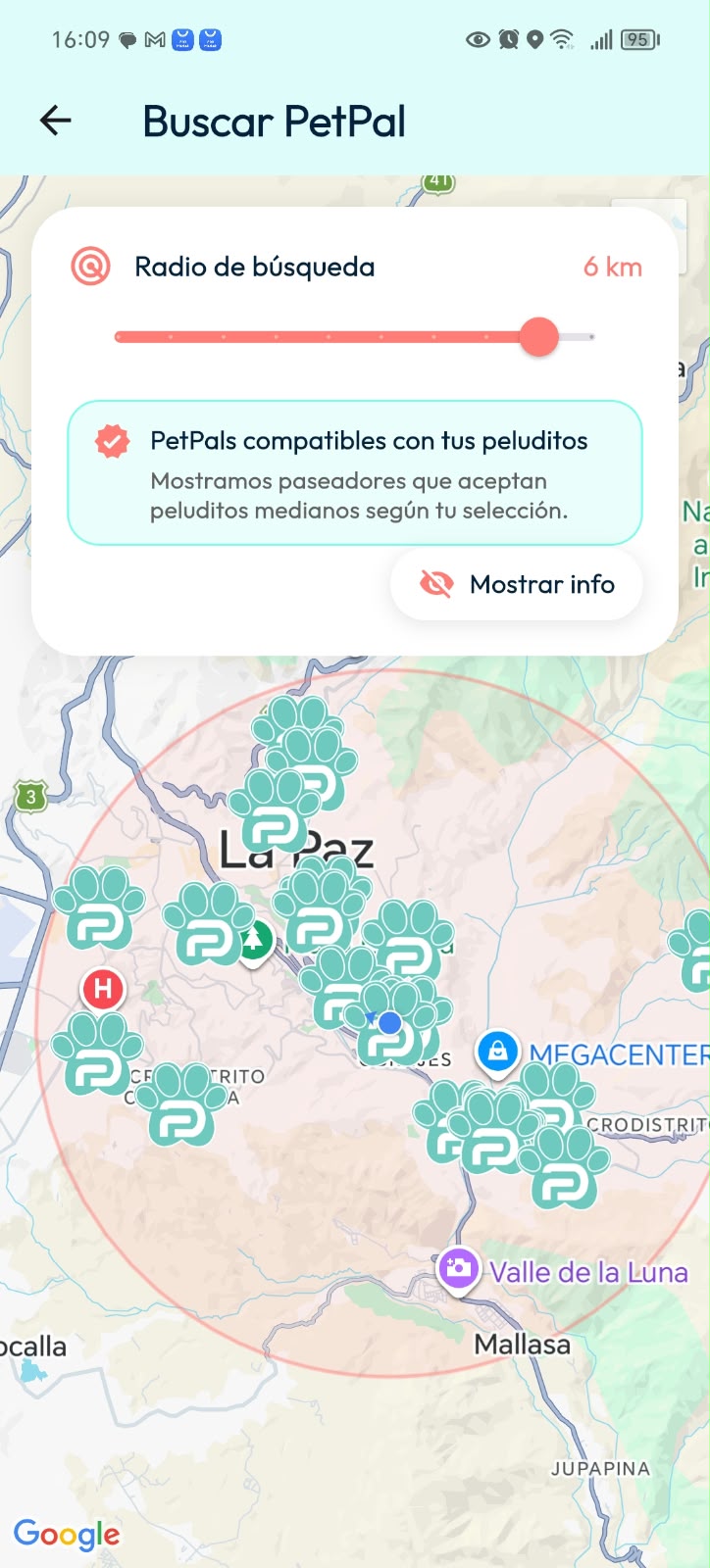 Pantalla real Buscar PetPal de DoGGyPetPal: radio de búsqueda de 6 km, filtro de compatibilidad y PetPals ubicados en el mapa de La Paz.
