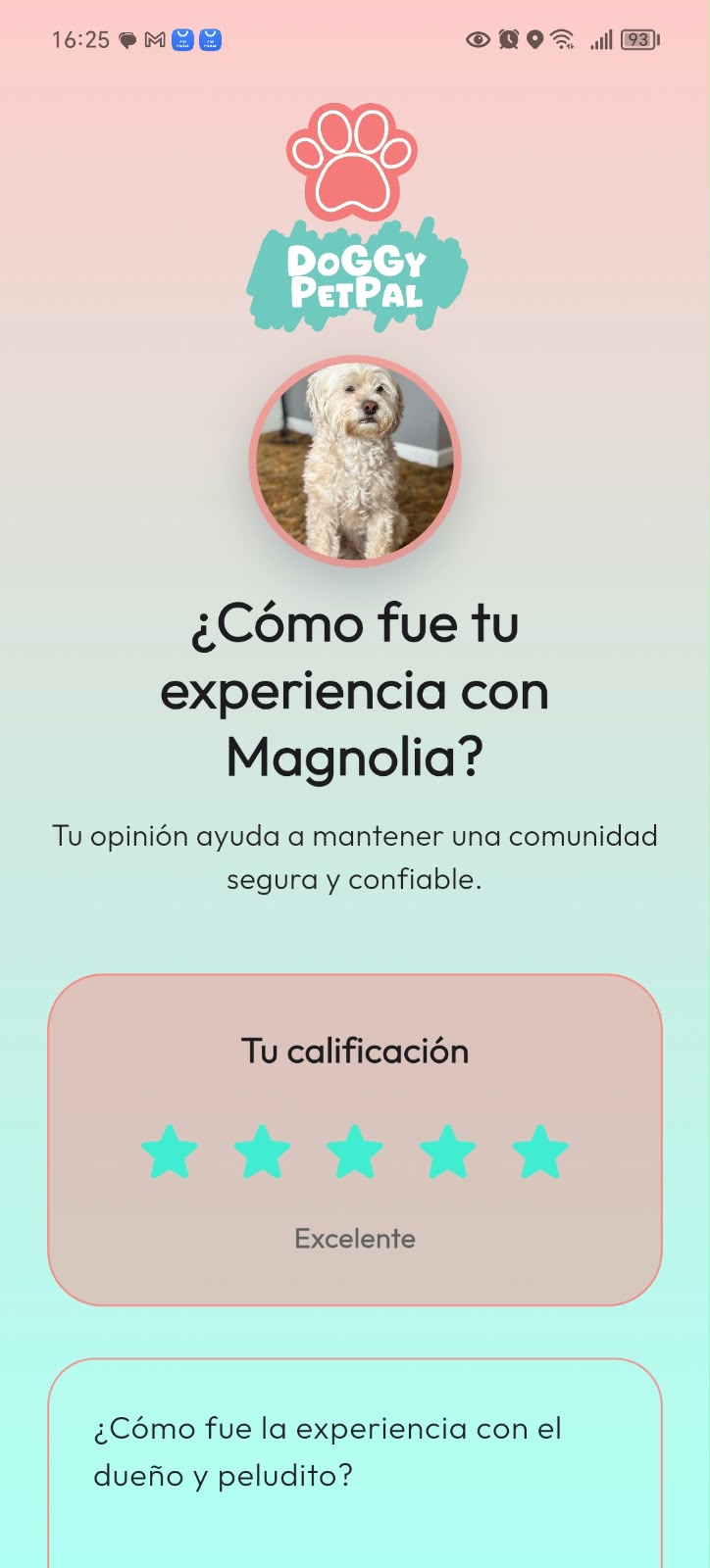 Pantalla de DoGGyPetPal para compartir la experiencia con el PetPal, con valoración por estrellas y espacio para un comentario.