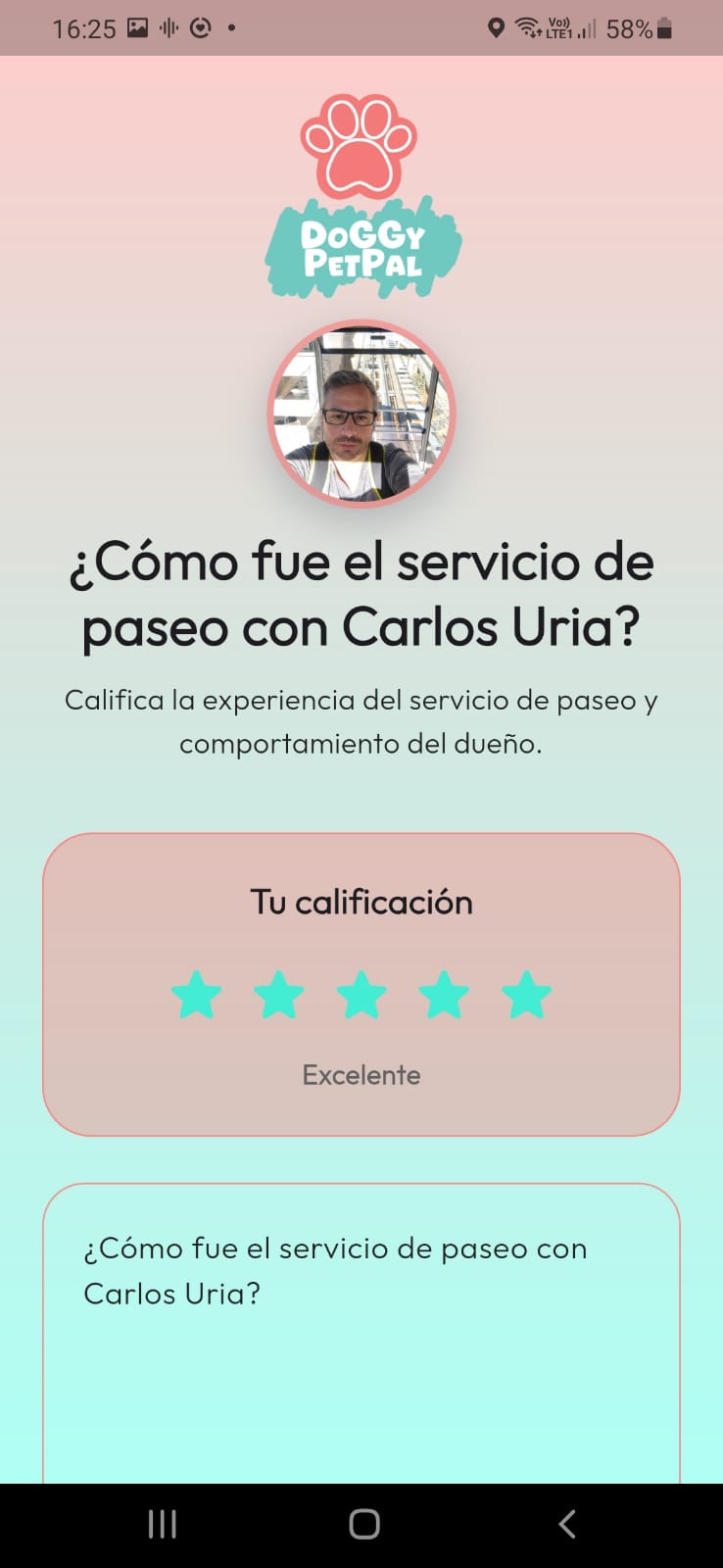 Pantalla de DoGGyPetPal para valorar la experiencia con el Dueño y su peludito, con estrellas y campo de opinión.