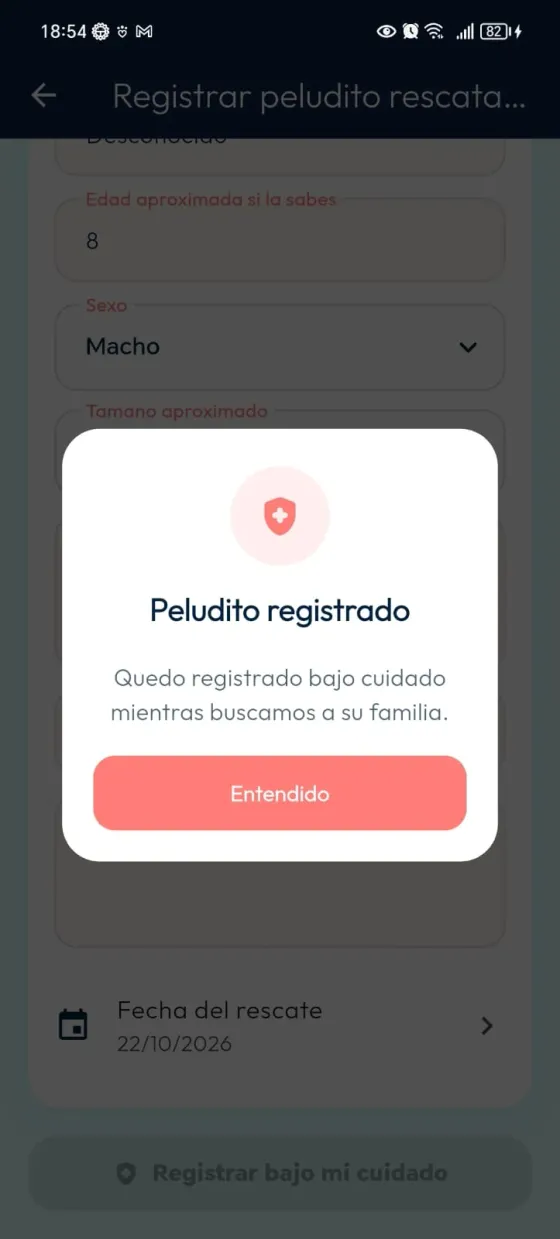 Diálogo Peludito registrado que informa que quedó bajo cuidado y ofrece Entendido.
