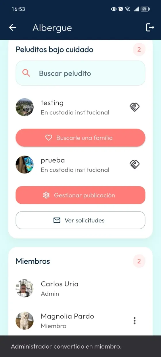 Lista de miembros con rol Miembro actualizado y mensaje Administrador convertido en miembro.