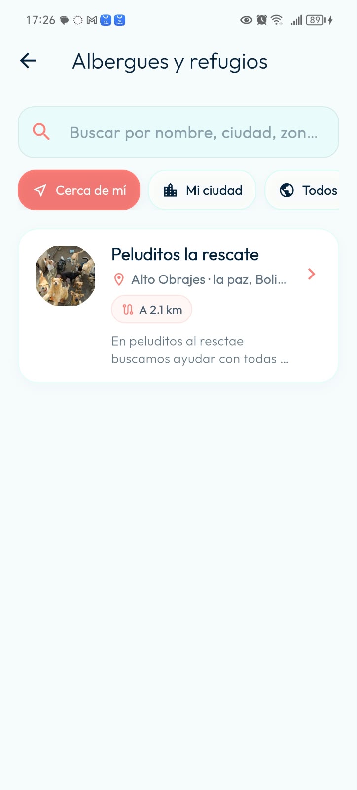 Listado de albergues y refugios en DoGGyPetPal, con búsqueda y filtros para descubrir organizaciones cercanas o de la ciudad.