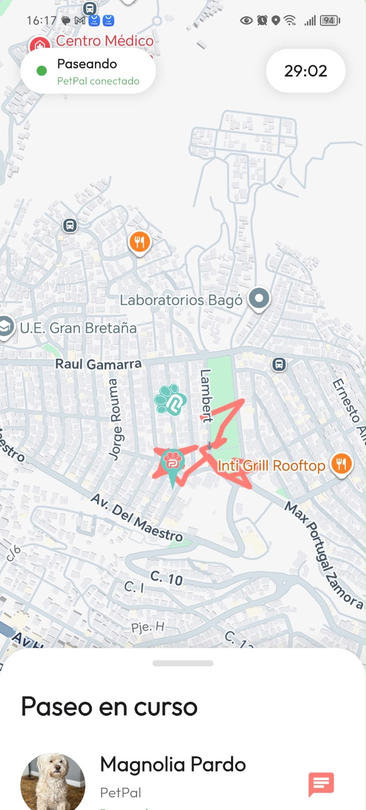 Seguimiento de un paseo en DoGGyPetPal: recorrido sobre el mapa, estado Paseando, tiempo transcurrido y acceso al chat con el PetPal.