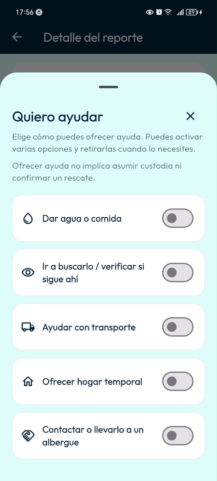 Panel Quiero ayudar de DoGGyPetPal con opciones para ofrecer agua o comida, verificar si el peludito sigue ahí, transporte, hogar temporal o contacto con un albergue.